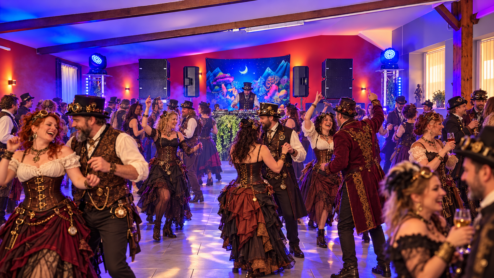 Visualisierung einer ausgelassenen Party mit tanzenden Steampunk-Gästen